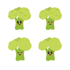 Set of cute cartoon colorful delicious green broccoli with different emotions. Collection of characters with funny emotions for kids. Fantasy characters. Vector illustration, cartoon flat style.
