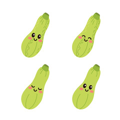 Set of cute cartoon colorful green zucchini with different emotions. Collection of characters with funny emotions for kids. Fantasy characters. Vector illustration, cartoon flat style.