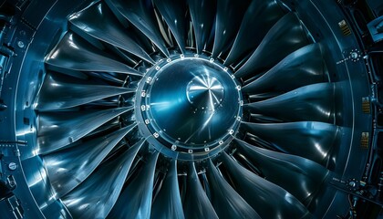 Close-up image of a jet engine turbine with metallic blades and intricate details, showcasing engineering and technology.