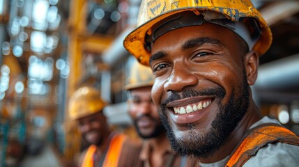 A happy male construction worker with a hard hat is smiling broadly at the construction site