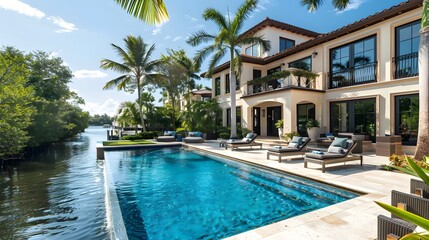 Obraz premium A beautiful home in Miami, FL with an elegant pool and palm trees. The house has large windows overlooking the waterway and is surrounded by lush greenery.