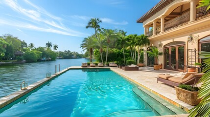 Fototapeta premium A beautiful home in Miami, FL with an elegant pool and palm trees. The house has large windows overlooking the waterway and is surrounded by lush greenery.