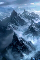Snow-dusted mountains with jagged peaks climbing through mist and clouds, conveying a cold, dramatic scene