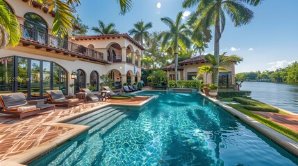 A beautiful home in Miami, FL with an elegant pool and palm trees. The house has large windows overlooking the waterway and is surrounded by lush greenery.