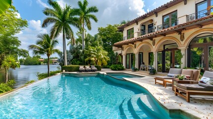 A beautiful home in Miami, FL with an elegant pool and palm trees. The house has large windows overlooking the waterway and is surrounded by lush greenery.