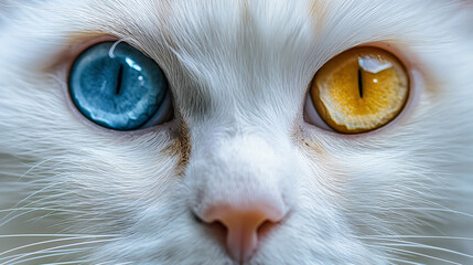 Closeup of a white cat with two different eyes colors, blue and yellow