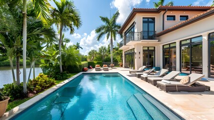 A beautiful home in Miami, FL with an elegant pool and palm trees. The house has large windows overlooking the waterway and is surrounded by lush greenery.