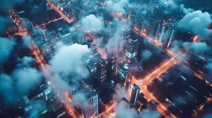 Aerial view of a cityscape surrounded by clouds and lights, depicting an urban scene at night