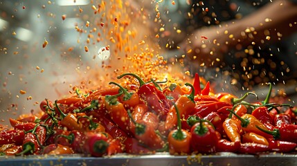 A dynamic display of red chili peppers with an explosion of spices on top