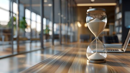 A closeup of an hourglass on a desk in the foreground, set against a blurred background of a modern office space with glass walls and wooden flooring.