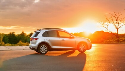 Obraz premium A silver car standing in the parking lot. The sun reflects off the bodywork. SUV, crossover.