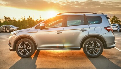 A silver car standing in the parking lot. The sun reflects off the bodywork. SUV, crossover.