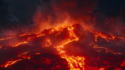A dramatic, fiery eruption of a volcano with molten lava flowing down the mountainside.