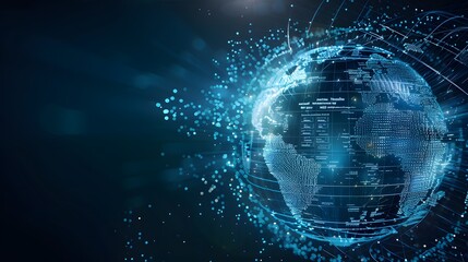 A glowing blue digital globe with data streams swirling around it.  Represents global connectivity and digital technology.