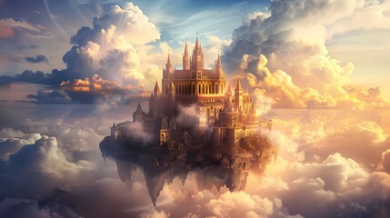 Fototapeta premium A majestic castle floats amidst fluffy clouds in a dreamlike, ethereal setting.
