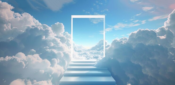 A staircase with a white square door leads to a bright light above the clouds