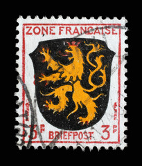 Stamp printed in Germany, the French zone showing the Coat of Arms of Pfalz, circa 1946