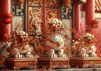 Auspicious Chinese Guardian Lions Statue