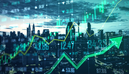 A composite image of a cityscape overlaid with financial charts symbolizing market trends and economic data on a blue-toned background, depicting the concept of urban financial growth