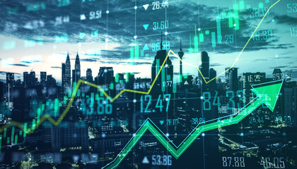 A composite image of a cityscape overlaid with financial charts symbolizing market trends and...