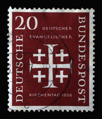 Stamp printed in Germany, shows Five crosses,     German Evangelical Church Assembly, circa 1956