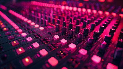 Fototapeta premium A closeup of the audio console, with vibrant pink and red lights reflecting off its surface.