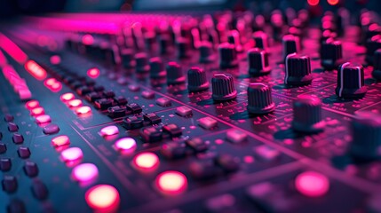 Fototapeta premium A closeup of the audio console, with vibrant pink and red lights reflecting off its surface.
