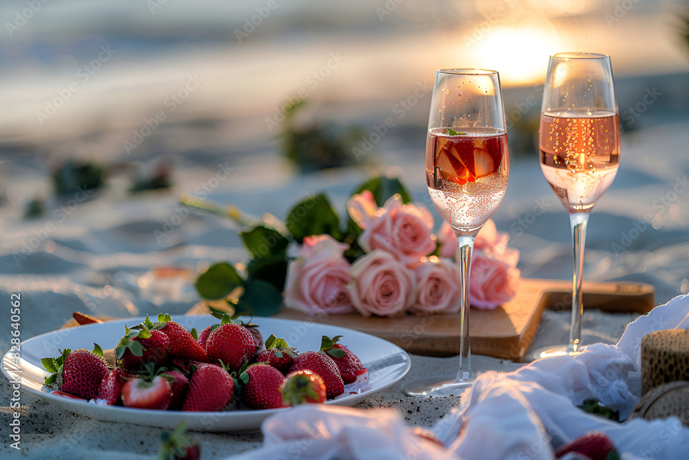 Wall mural a sunset beach picnic with champagne, strawberries, and roses sets the scene for a honeymoon