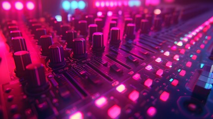 A closeup of the audio console, with vibrant pink and red lights reflecting off its surface.