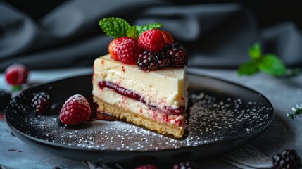 Slice of layered cheesecake with a fruit topping, specifically raspberries and blackberries,...