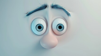 Close-up of a cartoonish face with exaggerated features. The face has large, round blue eyes with thick blue lashes and light blue irises © Олег Фадеев