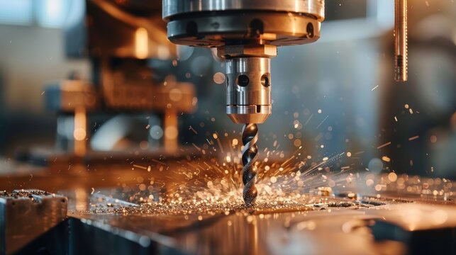 A close-up of a CNC machine drilling into metal, with sparks flying in a precision engineering workshop.