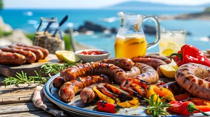 Savoring Summer: Grilled Sausages and Peppers Picnic on a Scenic Beach