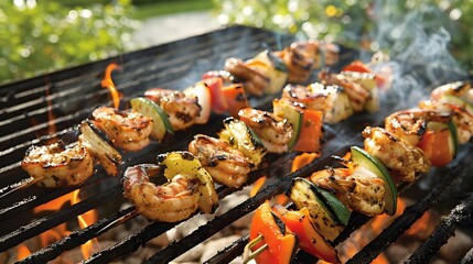 Grilling Skewers of Chicken, Shrimp, and Vibrant Veggies Over Coals in a Sunny Summer Garden