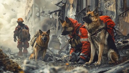 Rescue dogs and firefighter on duty in disaster scene, performing search and rescue operations amidst rubble and debris.