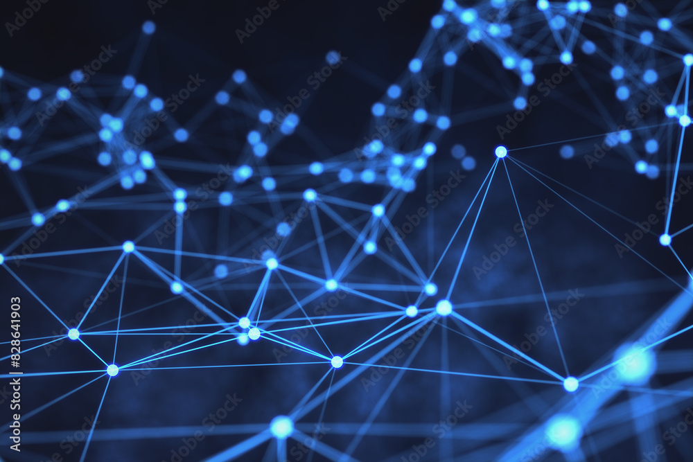 Aufkleber A digital network concept with glowing blue dots and connecting lines on a dark background, symbolizing technology and data connections. 3D Rendering
