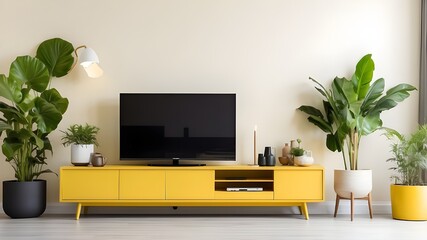 TV on yellow cabinet or place item in contemporary living room with white wall background, lamp, table, and plants.
