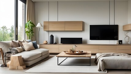 Modern living room with TV mounted on cabinet.