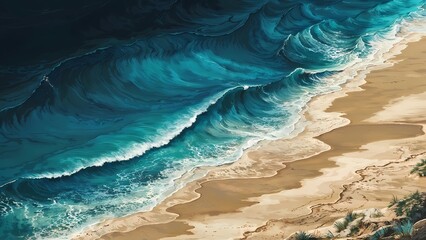 Serene Ocean Illustration with Deep Blues, Aquamarine Waters, and Sandy Tans Showcasing Gentle Waves and Natural Beauty