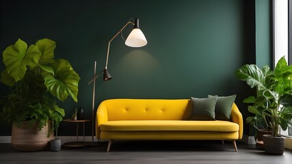 Interior of a modern living room featuring a yellow sofa, green plants, a table, and a lamp against a dark backdrop.