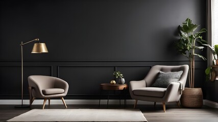 Interior of a light-filled living room with a dark, empty wall behind the armchair.