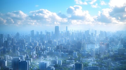 Cityscape of a large modern city with skyscrapers and a blue sky