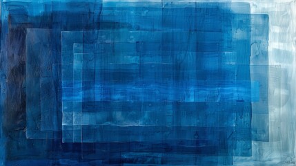 An abstract painting with layers of neat lines in varying shades of blue.