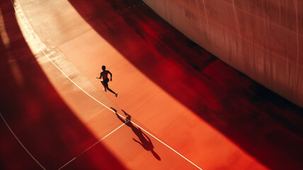 Aerial view of male athlete running on red arena track.
