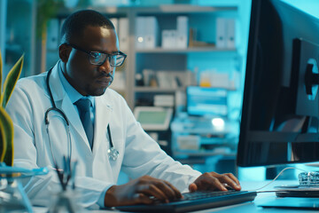 Male Doctor Using Desktop Computer in Modern Hospital
