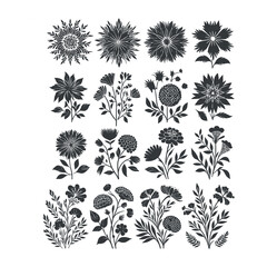 Flat design flower silhouettes and leaves floral element design vector template illustration
