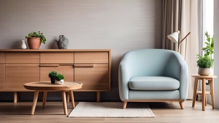 Armchair and wooden table in the living room.