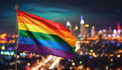LGBT flag against the backdrop of a large night glowing city metropolis, month of queer lgbtq pride parade, June 1, fight for equal rights, homophobia tolerance