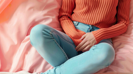 Female person with pink blanket having period cramps