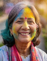 Portrait of an elderly Indian woman with colorful powder on her face during the Holi festival